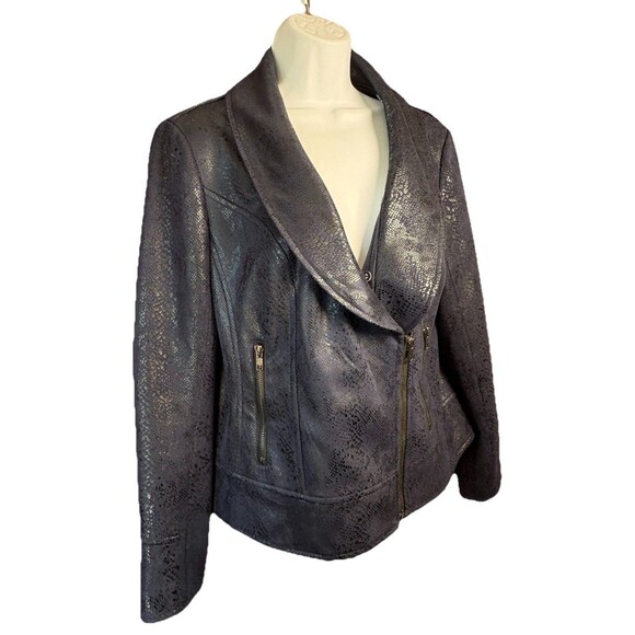V Cristina Navy Blue Faux Leather Moto Jacket Snakeskin Print Size L Biker - Picture 3 of 9